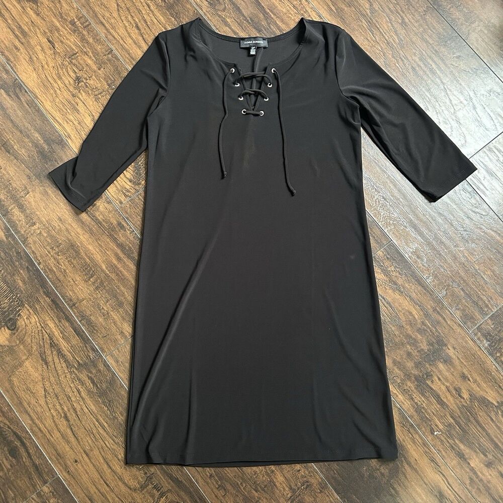 Donna Sorento Little Black Shift Dress Lace Up Neck 3/4 Sleeve Womens Small
